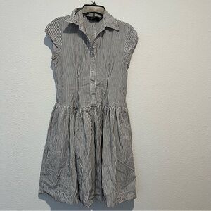 Norma Kamali Blue White Striped Dress Drop Waist Pleated Button Front Sz Medium